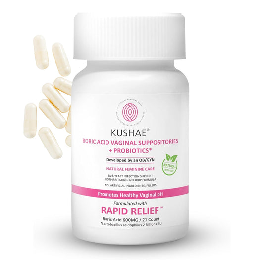Kushae Boric Acid Suppositories + Rapid Relief, All Natural Female Suppositories with Probiotics & Aloe Vera, Relieves Discomfort & Balances pH Level Bottle Only 21 Capsules KushaeUS supplements