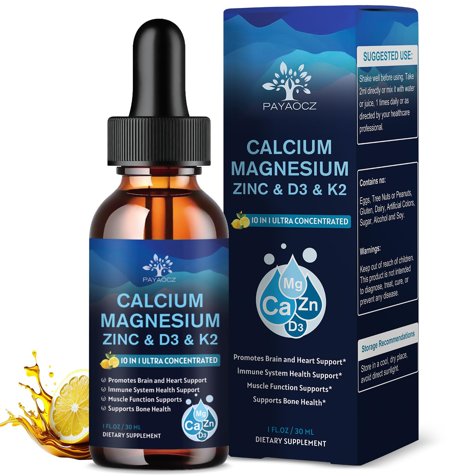 (2 Pack) 10 in 1 Magnesium Calcium Zinc Supplement with Vitamin C D3 K2, Glycinate Mag Vegan Liquid Drops Plus L-Theanine Boron Sea Moss Extract, Immune Support PAYAOCZUS supplements