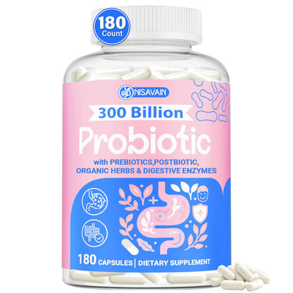 (180 Capsules) Probiotics for Women & Men, 5-in-1 Probiotic, Prebiotic, Postbiotic, Organic Herbs & 16 Digestive Enzymes Blend, 300 Billion CFU, Complete Gut Health, Digestive Health & Immune* NisavainUS supplements