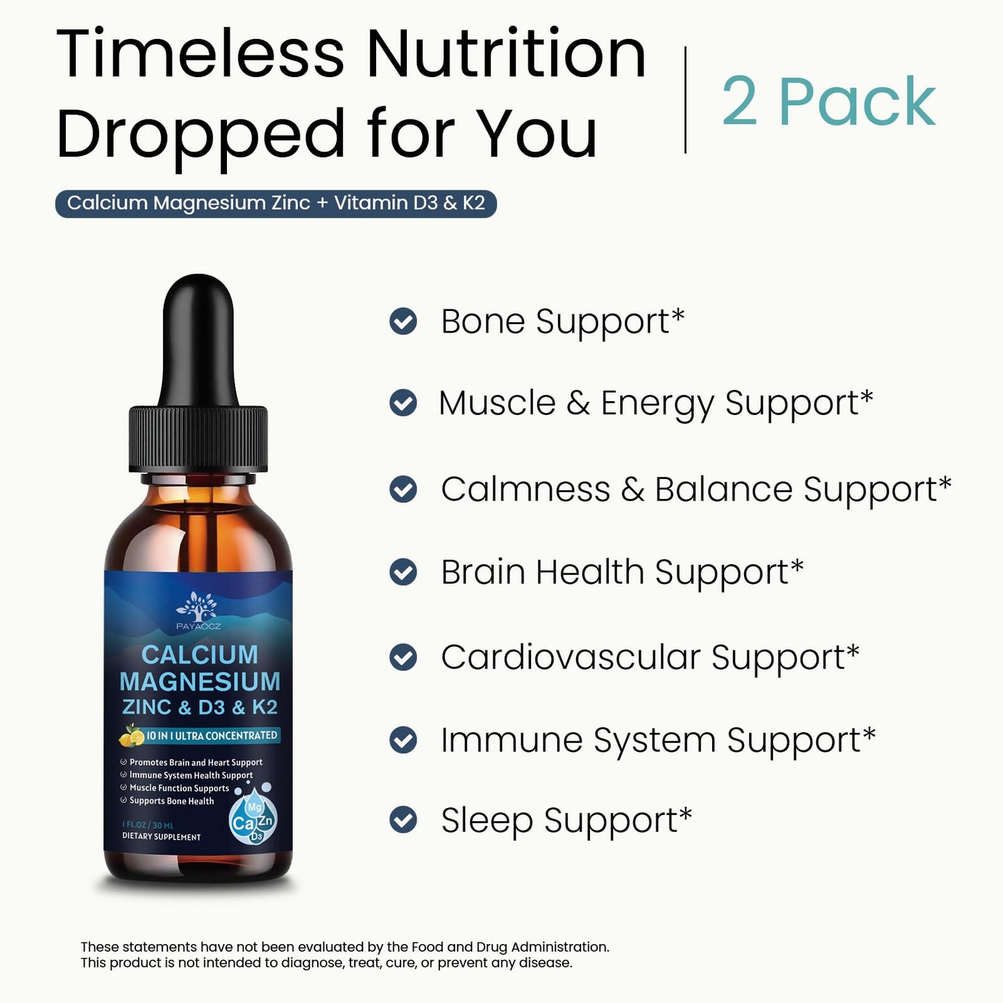 (2 Pack) 10 in 1 Magnesium Calcium Zinc Supplement with Vitamin C D3 K2, Glycinate Mag Vegan Liquid Drops Plus L-Theanine Boron Sea Moss Extract, Immune Support PAYAOCZUS supplements