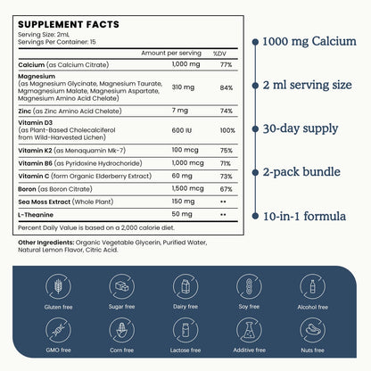 (2 Pack) 10 in 1 Magnesium Calcium Zinc Supplement with Vitamin C D3 K2, Glycinate Mag Vegan Liquid Drops Plus L-Theanine Boron Sea Moss Extract, Immune Support PAYAOCZUS supplements