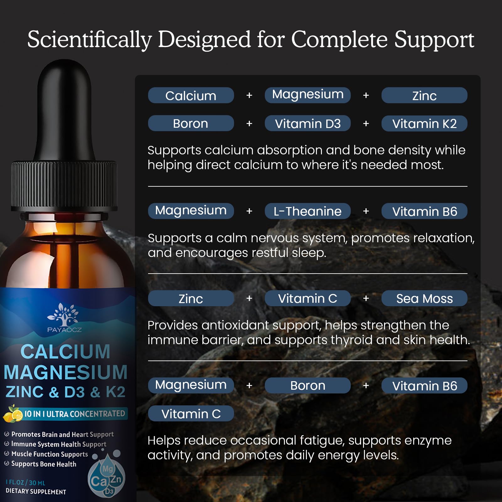 (2 Pack) 10 in 1 Magnesium Calcium Zinc Supplement with Vitamin C D3 K2, Glycinate Mag Vegan Liquid Drops Plus L-Theanine Boron Sea Moss Extract, Immune Support PAYAOCZUS supplements