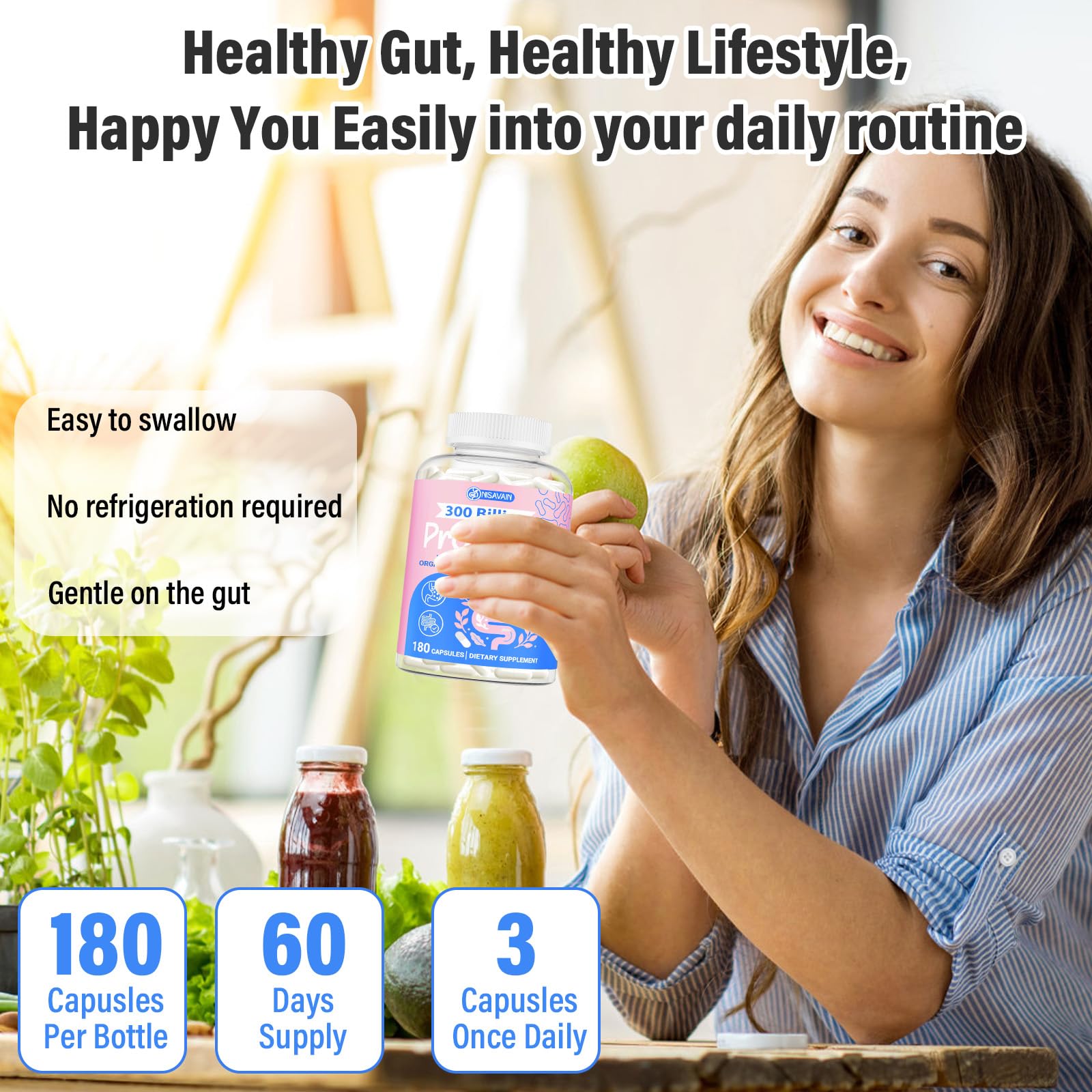 (180 Capsules) Probiotics for Women & Men, 5-in-1 Probiotic, Prebiotic, Postbiotic, Organic Herbs & 16 Digestive Enzymes Blend, 300 Billion CFU, Complete Gut Health, Digestive Health & Immune* NisavainUS supplements