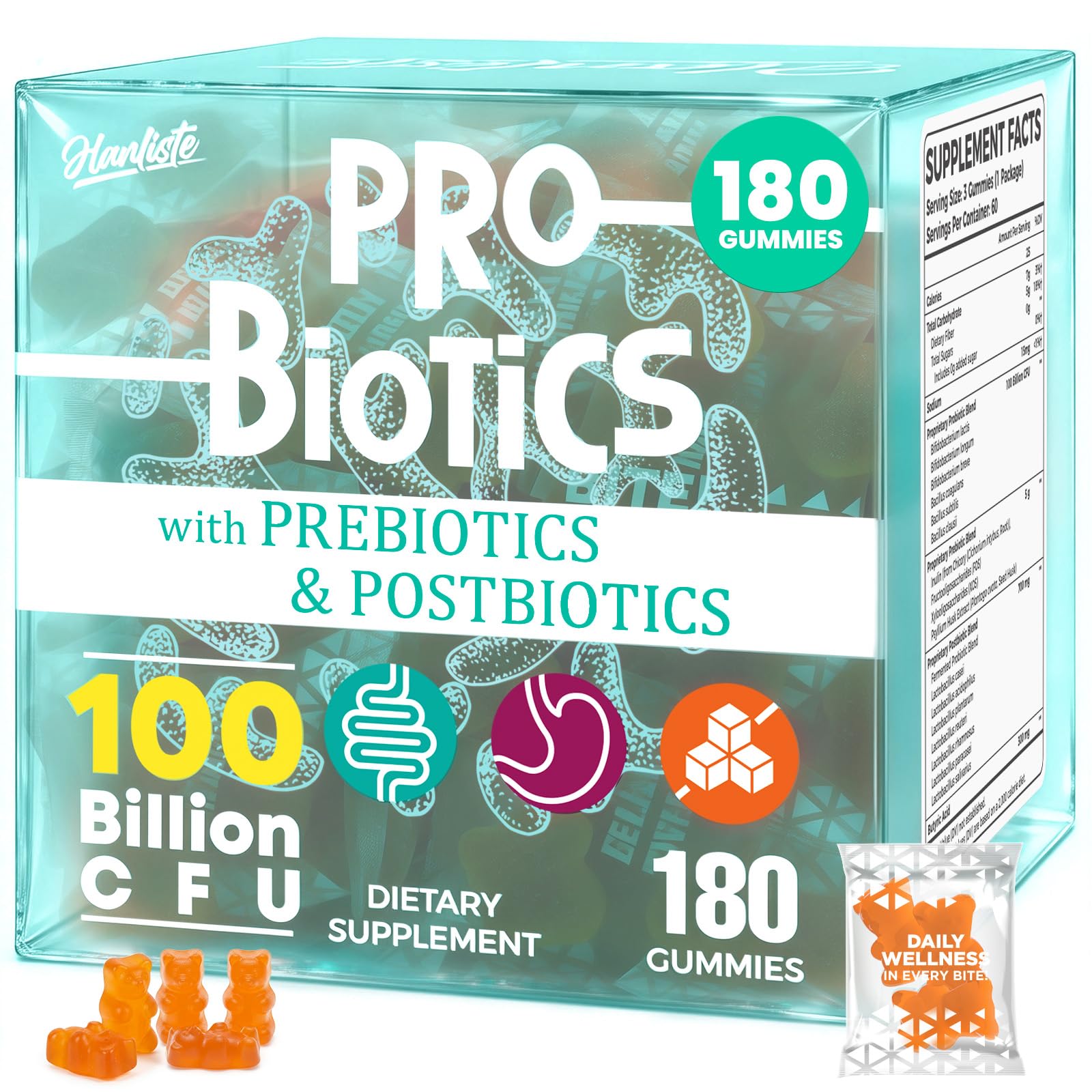 (180 Count) Probiotic Gummies, 19 in 1 Prebiotics Postbiotic Probiotic Gummies, 100 Billion CFU Probiotics for Women Men, Complete Immune, Gut & Digestive Support*, Sugar Free, Vegan HanlisteUS supplements