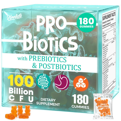(180 Count) Probiotic Gummies, 19 in 1 Prebiotics Postbiotic Probiotic Gummies, 100 Billion CFU Probiotics for Women Men, Complete Immune, Gut & Digestive Support*, Sugar Free, Vegan HanlisteUS supplements